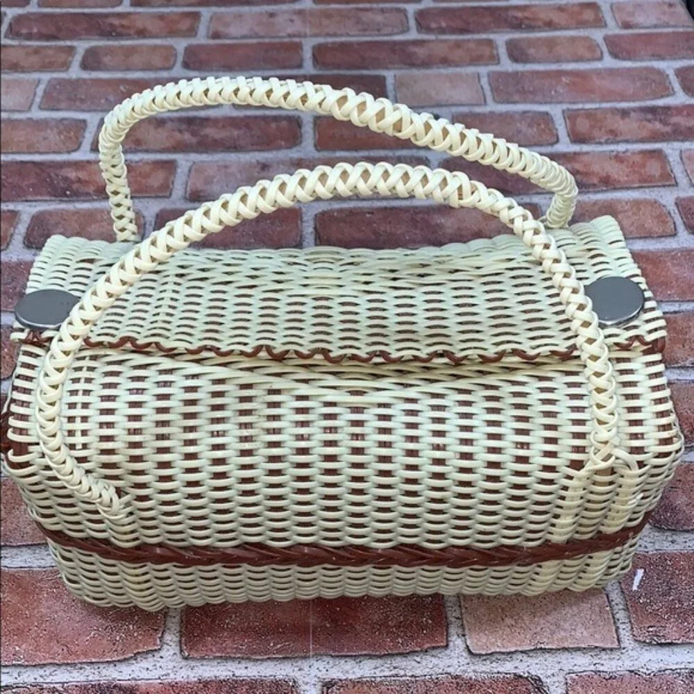 Elegant Cream and Brown Woven Tote with Curved Handles